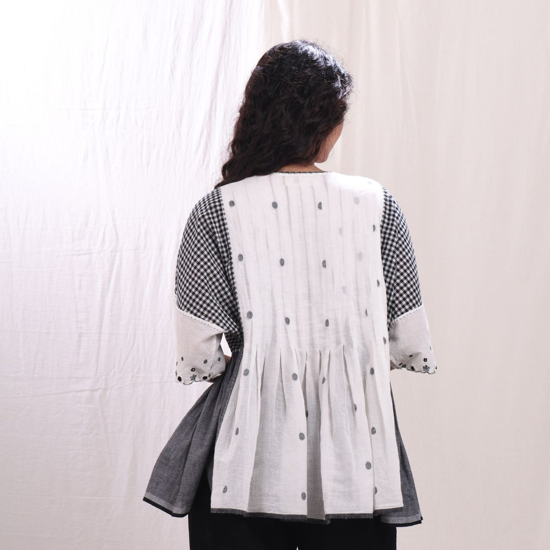 Megha Flared Top With Pleats | Handwoven Cotton Jamdani | Ivory & Black