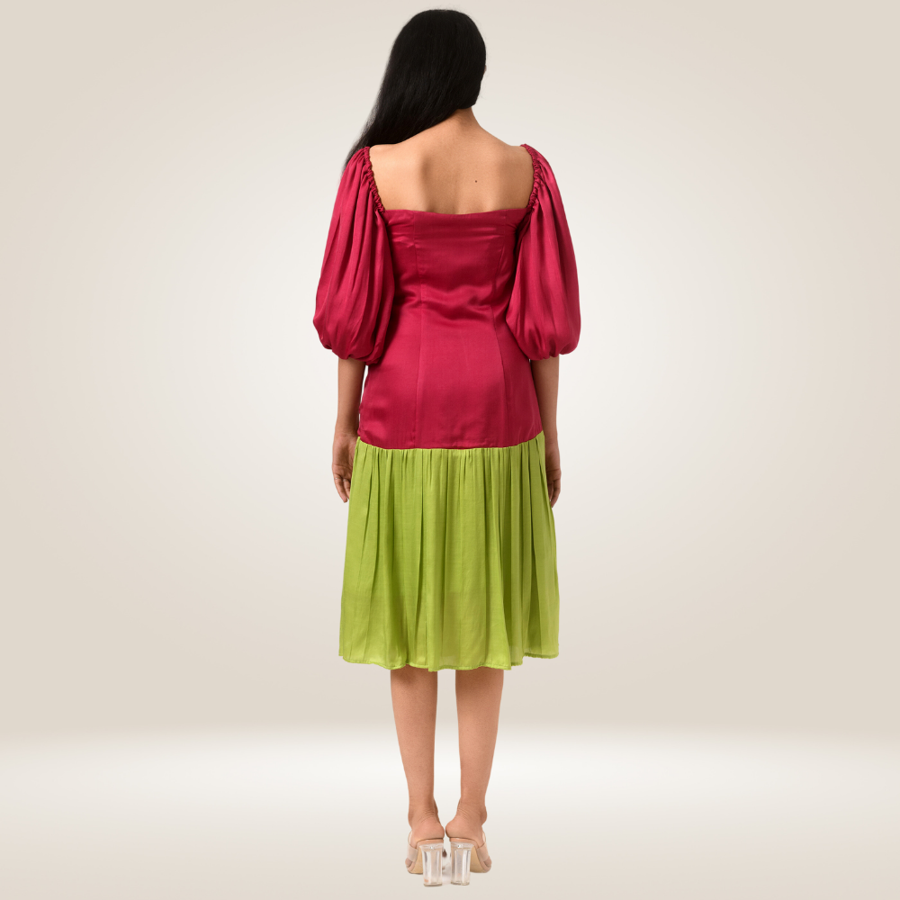 Wine-Green Balloon Sleeved Colour Block Dress | Modal Silk | Chic Appeal