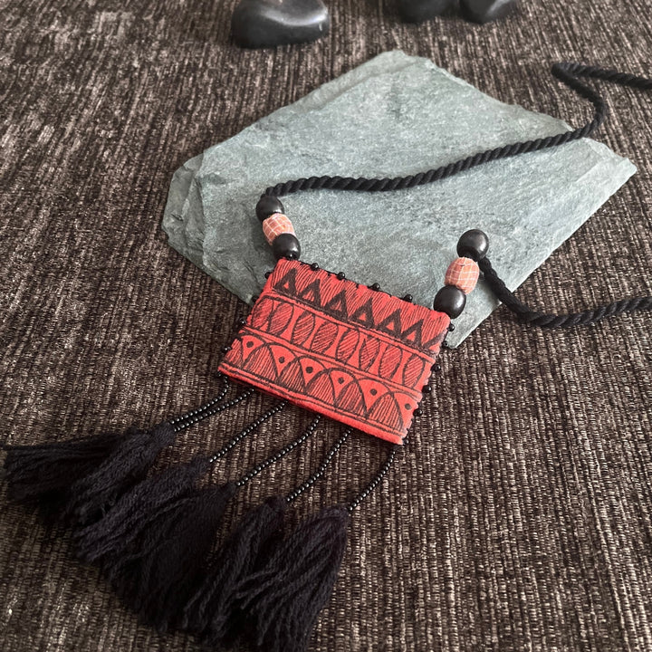 Rust And Black Necklace For Women | Madhubani Painted | Black Tassel | Rust & Black