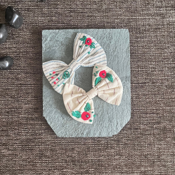 Bow Knot Hair Clips For Girls | Embroidered | Light Weight | Floral | Set of 2