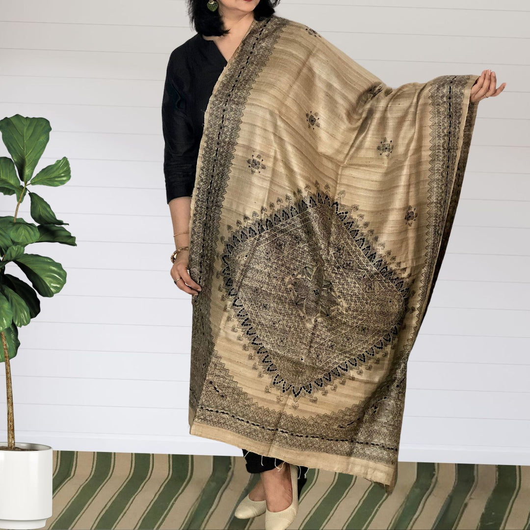 Jiyana Madhubani Painted Tussar Dupatta | Monochrome Painting | Graceful | Beige