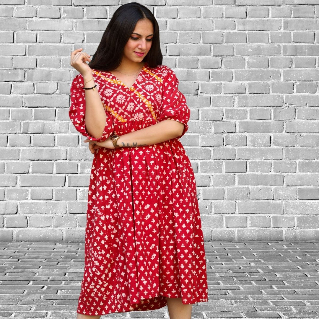 Women Red Dress | Casual Daily Wear | Hand Block Printed | Breathable Cotton