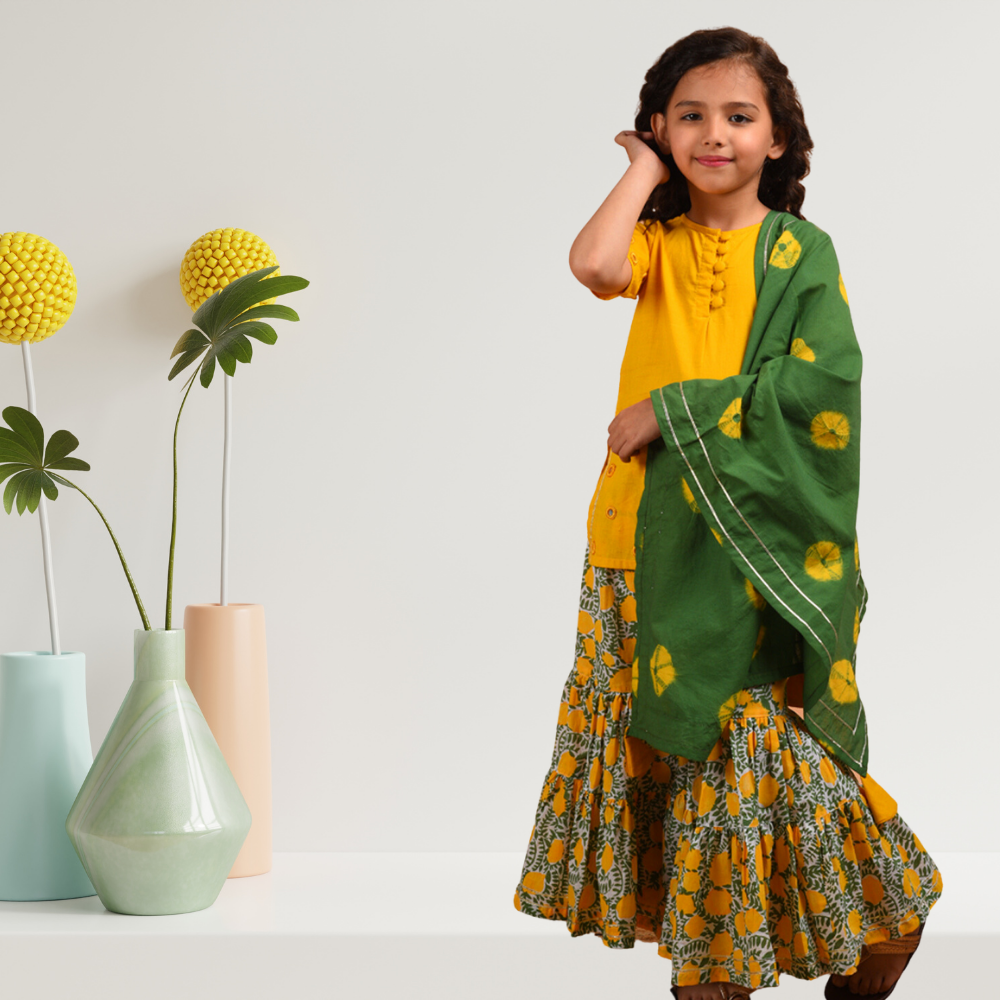 Mirror Sharara Set | Girls Festive Wear | Hand Block Printed | Yellow And Green