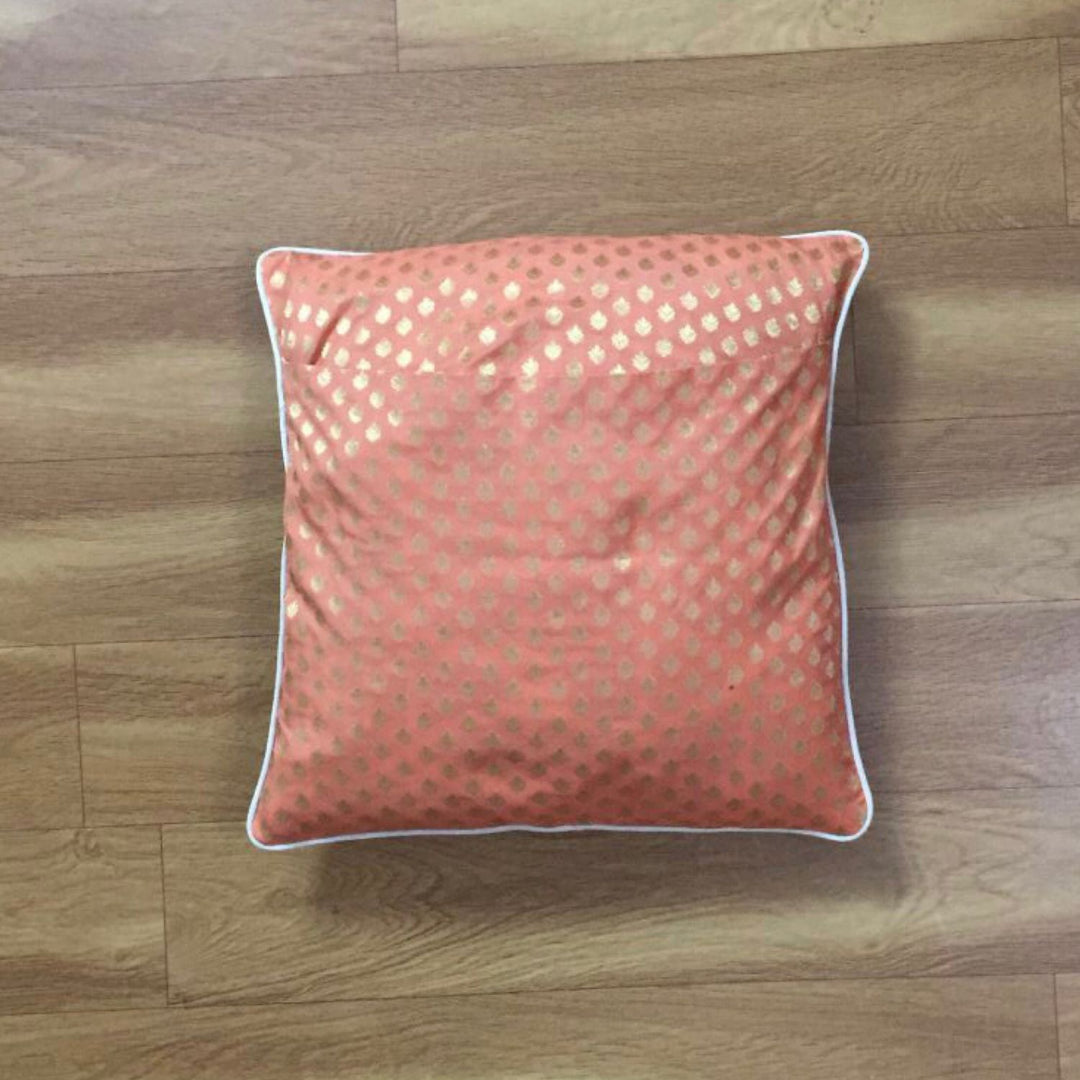 Peach And White Banarasi Cushion Cover | Bright Festive Accents | 16" x 16"