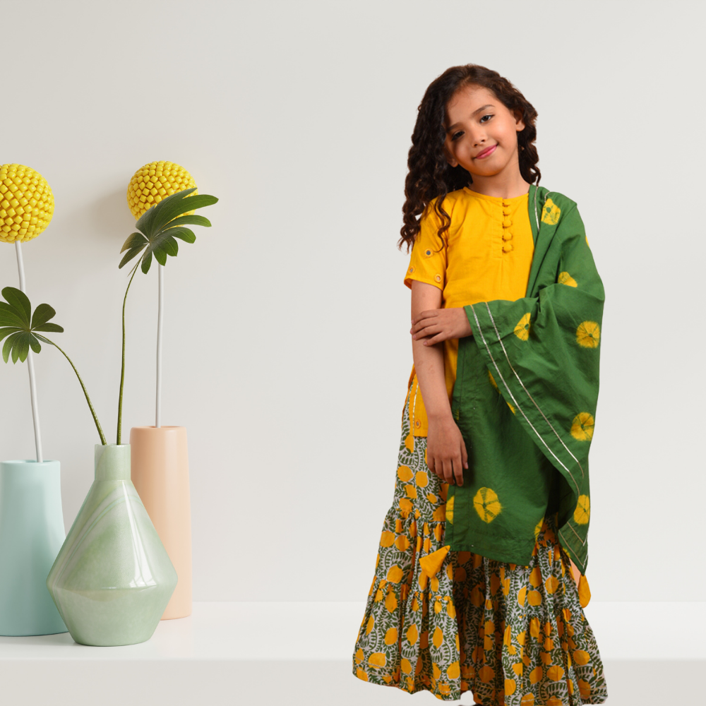 Mirror Sharara Set | Girls Festive Wear | Hand Block Printed | Yellow And Green