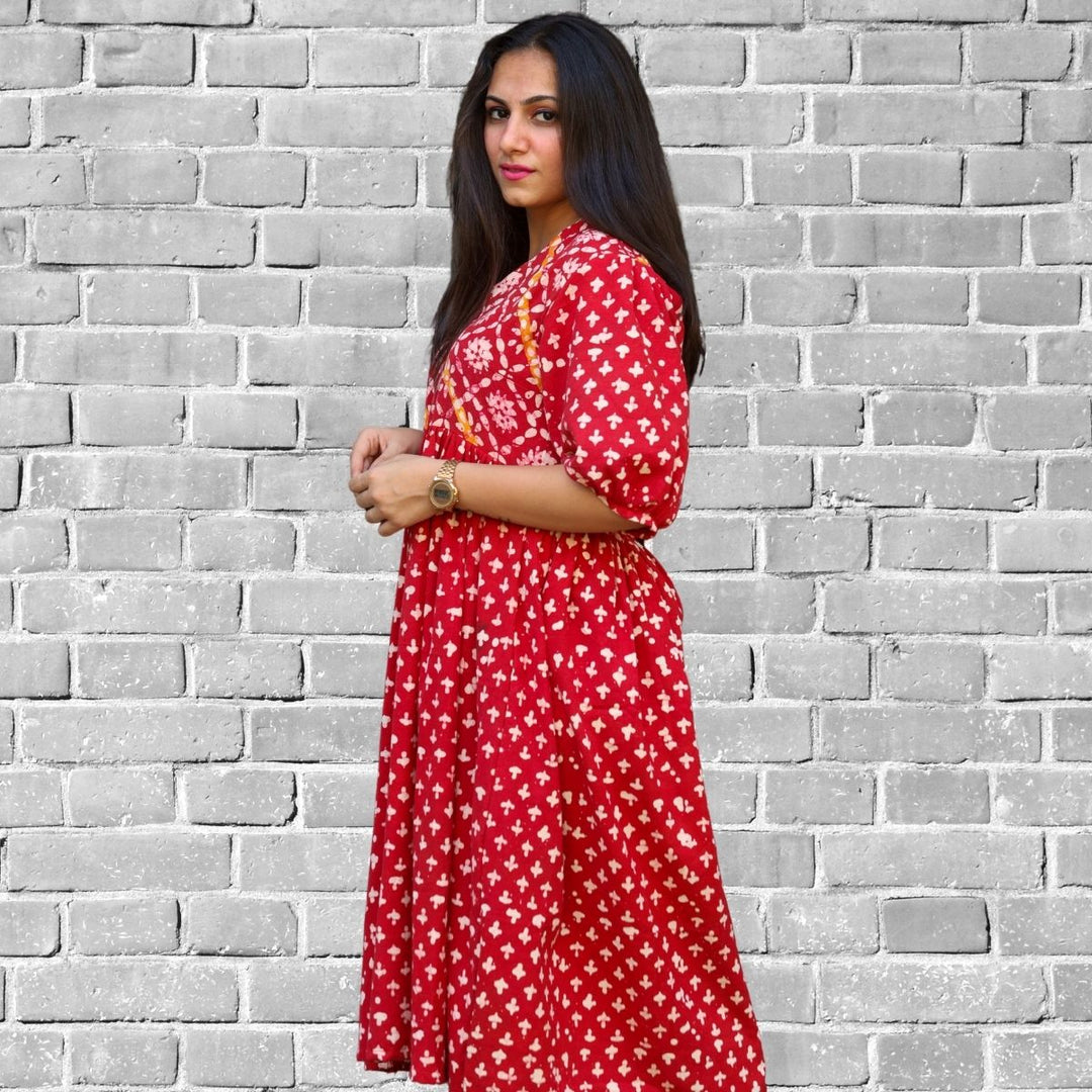 Women Red Dress | Casual Daily Wear | Hand Block Printed | Breathable Cotton