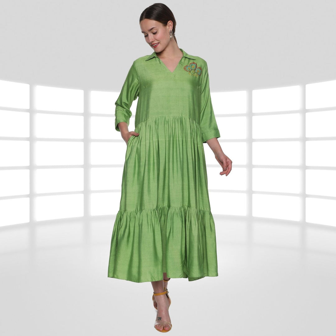 Juliane Tier Dress | Hand-Embroidered | Sophisticated Style | Comfy Wear | Green