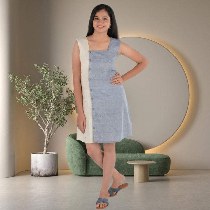 Off-White And Powder Blue Dress | Kala Cotton | Chic Comfort