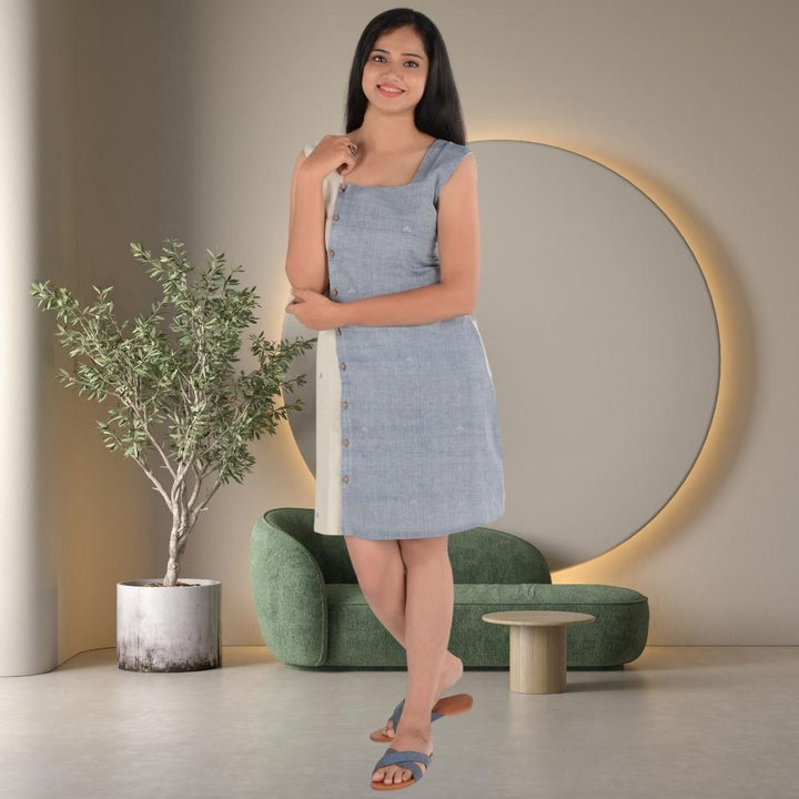 Off-White And Powder Blue Dress | Kala Cotton | Chic Comfort