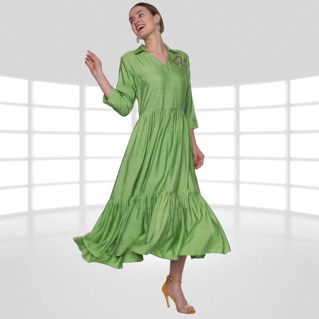 Juliane Tier Dress | Hand-Embroidered | Sophisticated Style | Comfy Wear | Green