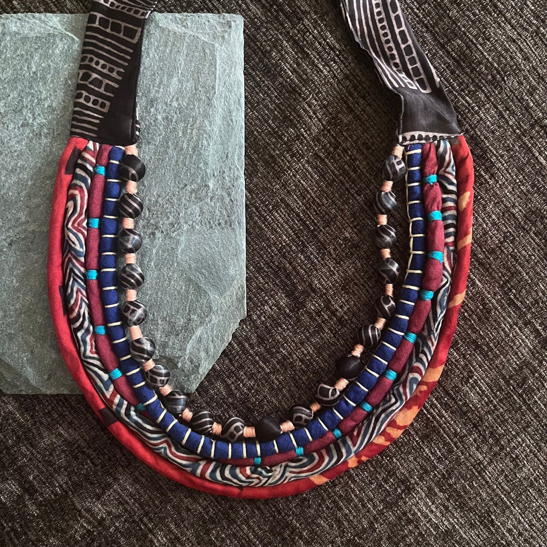 Bohemian Styled Necklace for Women | Ajrakh and Silk | Multi Colour | Stylish