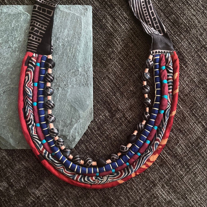 Bohemian Styled Necklace for Women | Ajrakh and Silk | Multi Colour | Stylish