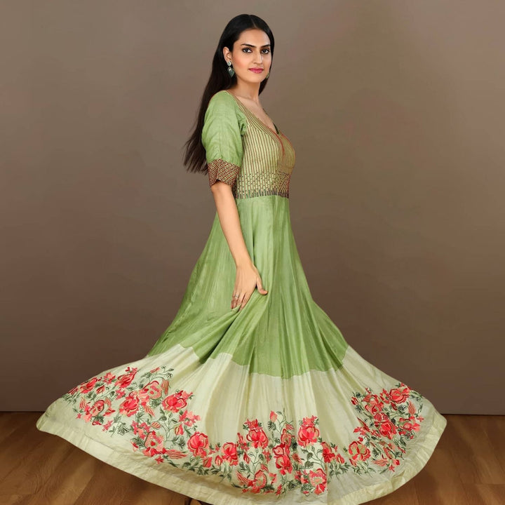 Kanika Tussar Silk Anarkali | Hand-crafted In Dual Shade Of Green | Mehandi Ceremony