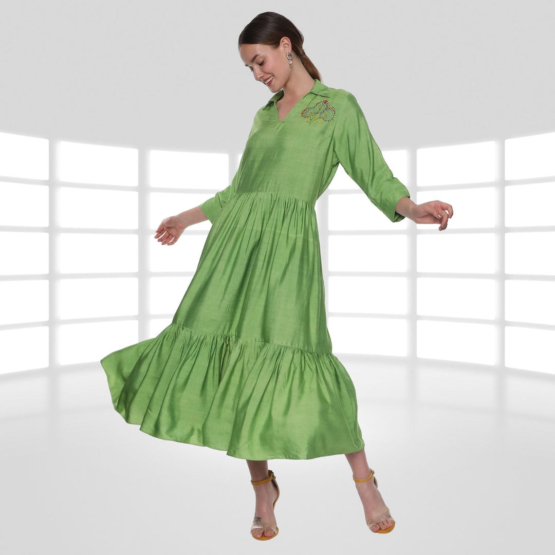 Juliane Tier Dress | Hand-Embroidered | Sophisticated Style | Comfy Wear | Green