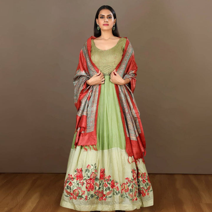 Kanika Tussar Silk Anarkali | Hand-crafted In Dual Shade Of Green | Mehandi Ceremony