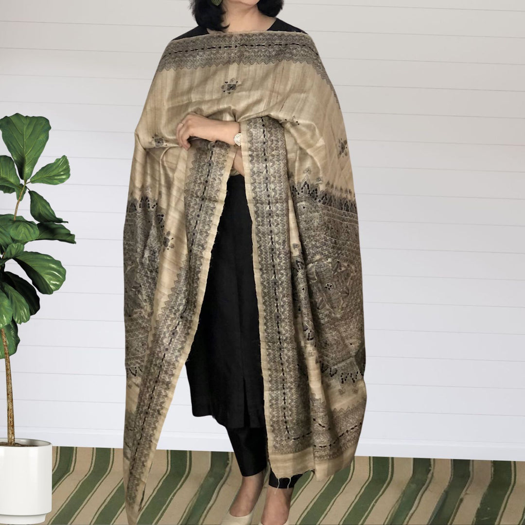 Jiyana Madhubani Painted Tussar Dupatta | Monochrome Painting | Graceful | Beige