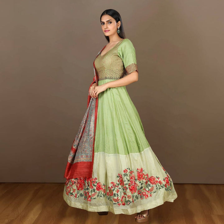 Kanika Tussar Silk Anarkali | Hand-crafted In Dual Shade Of Green | Mehandi Ceremony