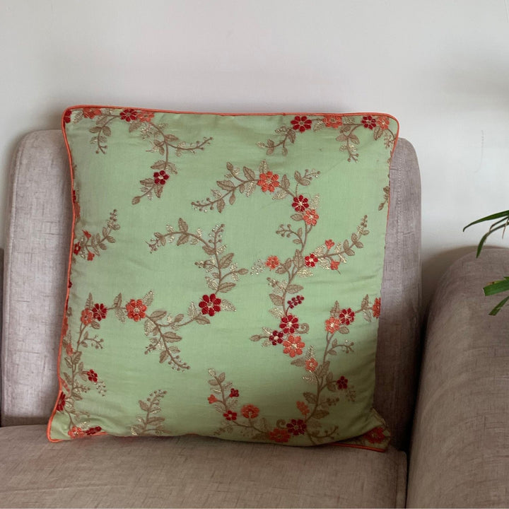 Pastel Green Chanderi Silk Cushion Cover | Embroidered | 16" x 16"