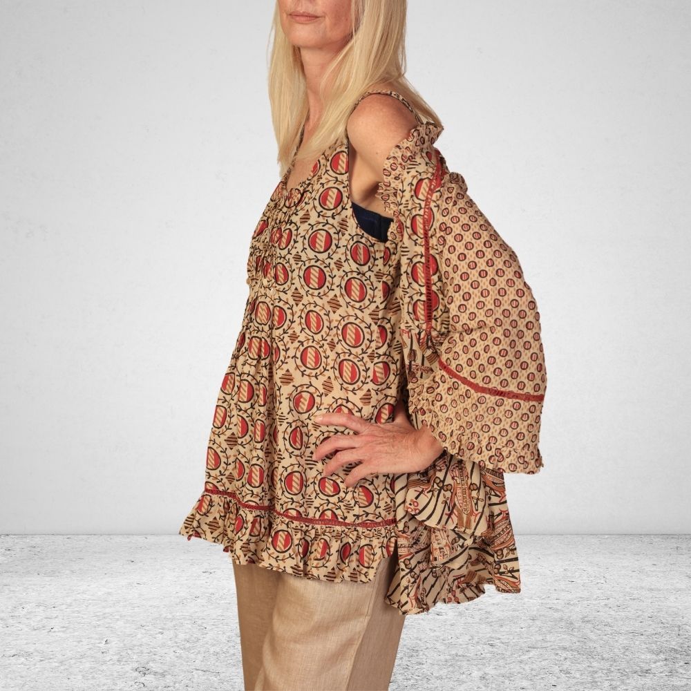 The Nura Slip | Breathable Cotton | Top | Hand Block Printed | Beige