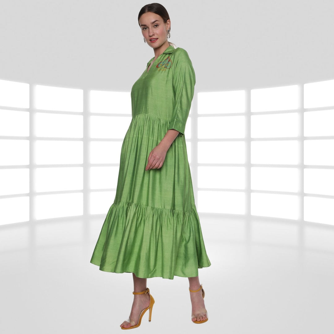 Juliane Tier Dress | Hand-Embroidered | Sophisticated Style | Comfy Wear | Green