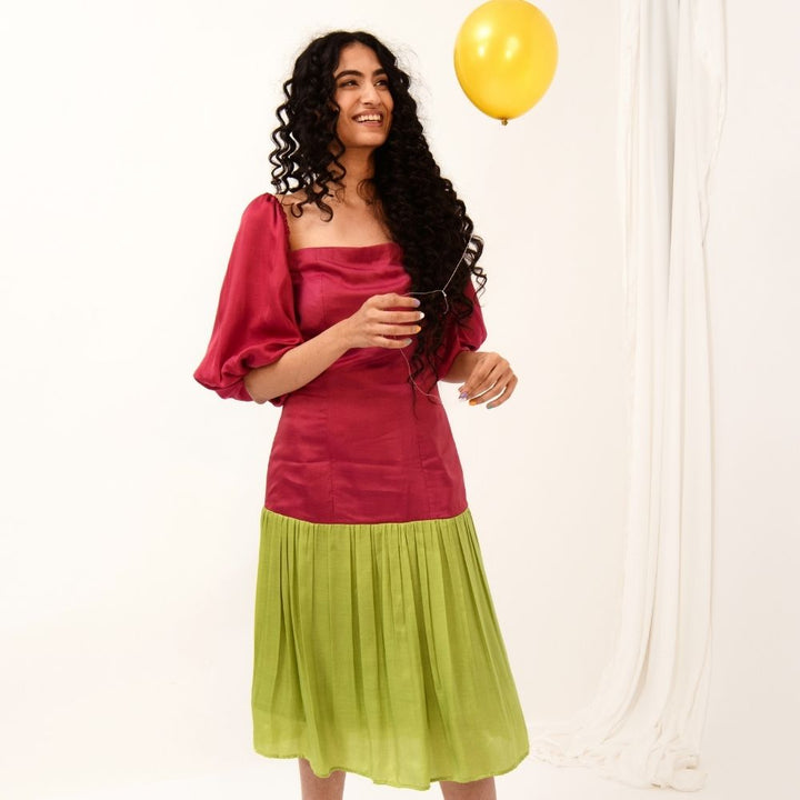 Wine-Green Balloon Sleeved Colour Block Dress | Modal Silk | Chic Appeal