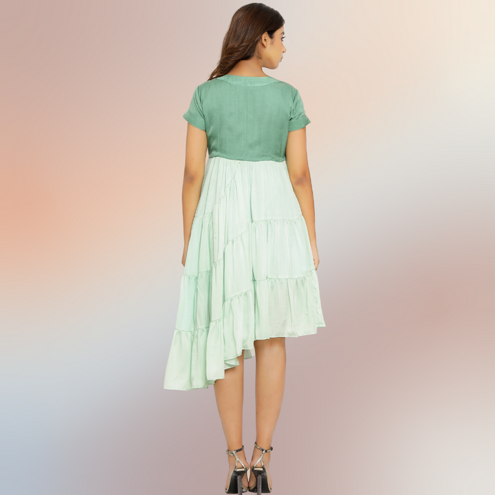 Tea Green-Teal Color Blocked Asymmetric Tier Dress | Modal Silk | Occasion Wear