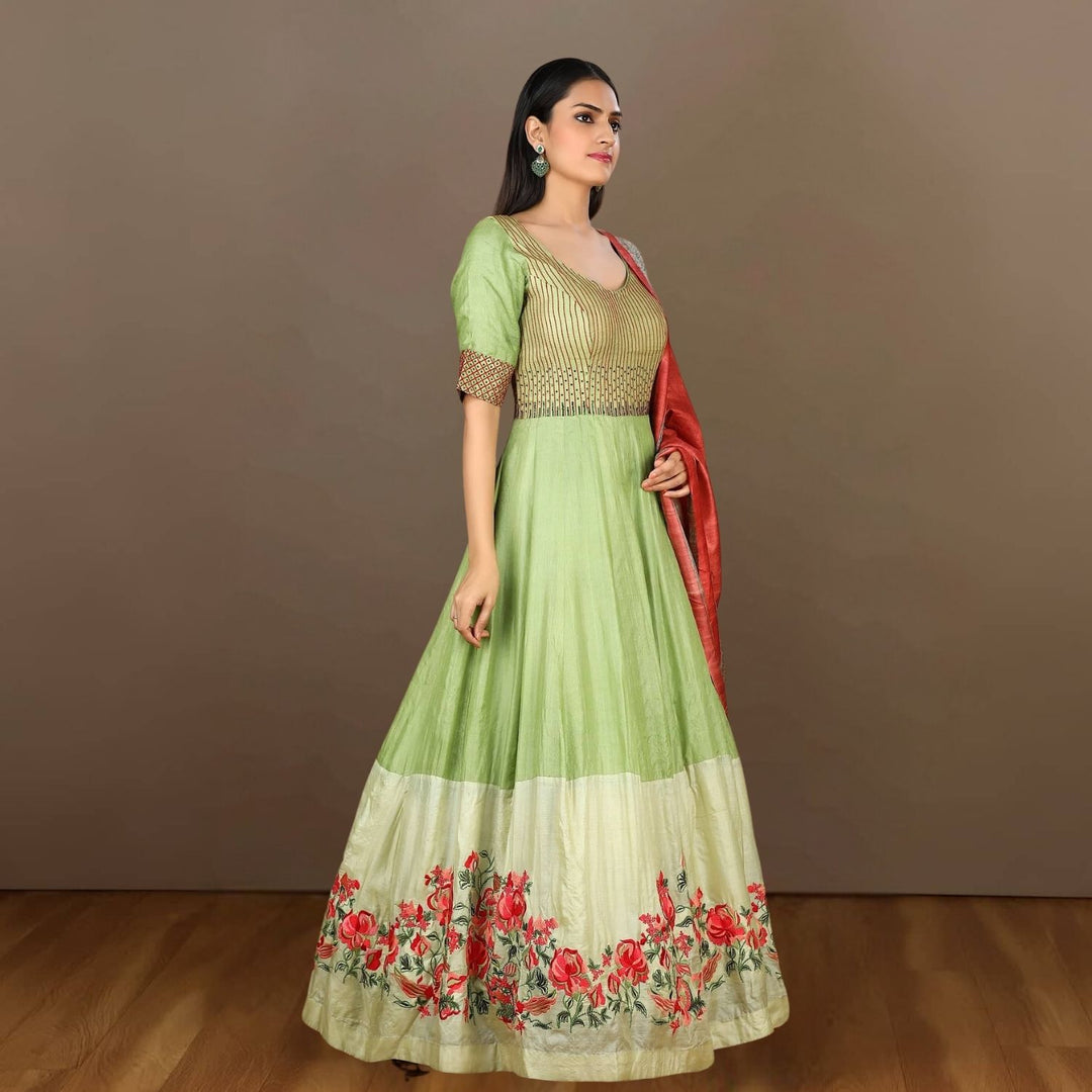 Kanika Tussar Silk Anarkali | Hand-crafted In Dual Shade Of Green | Mehandi Ceremony