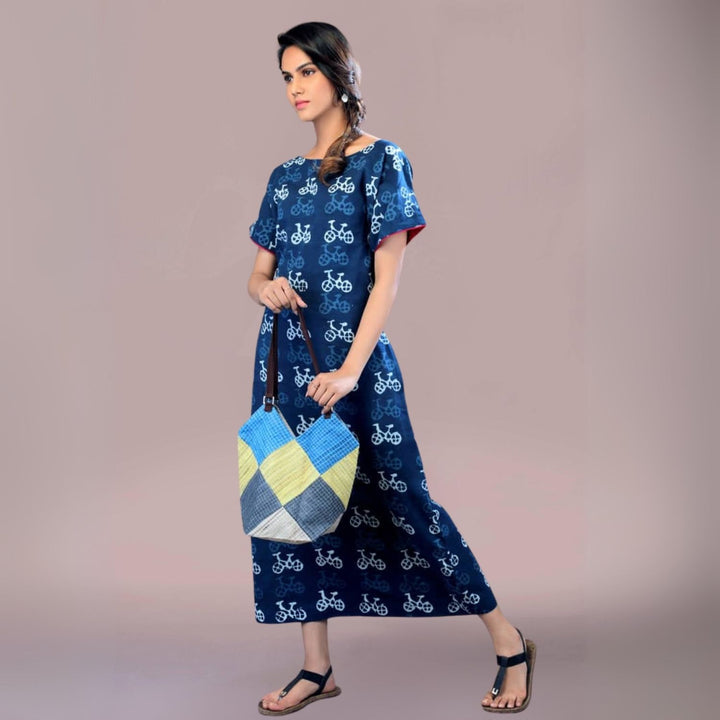 Violeta Cotton Dress | Boat Neck | Dabu Block Print | Everyday Wear | Indigo Blue