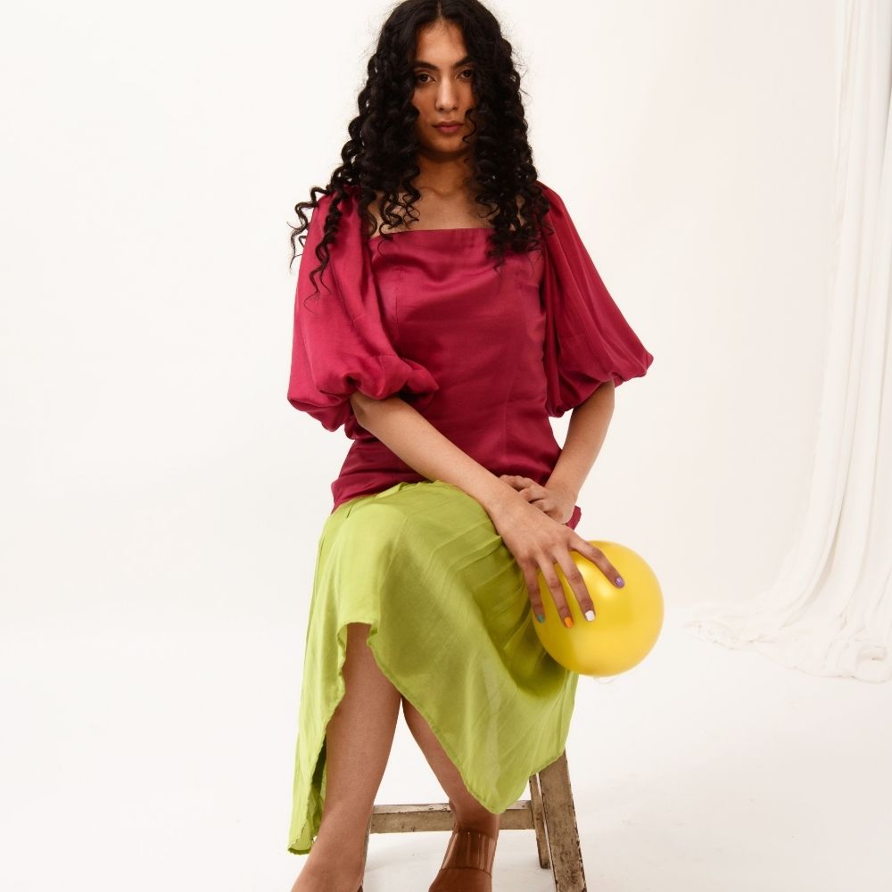 Wine-Green Balloon Sleeved Colour Block Dress | Modal Silk | Chic Appeal