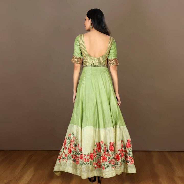 Kanika Tussar Silk Anarkali | Hand-crafted In Dual Shade Of Green | Mehandi Ceremony