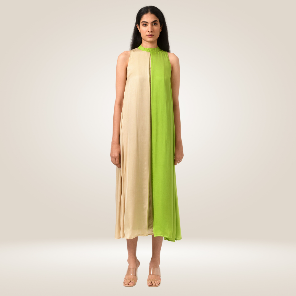 Ecru-Green Halter Neck Colour Block Dress | Bemberg Modal Silk | Sustainable