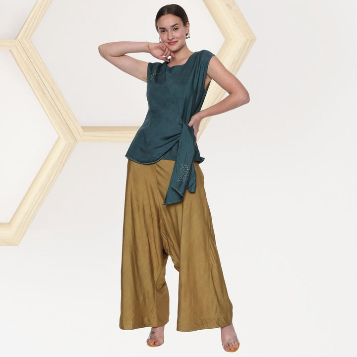 Marcia Cowl Pant Co-ord Set | Tussar Silk | Stylish | Graceful | Forest Green & Khaki