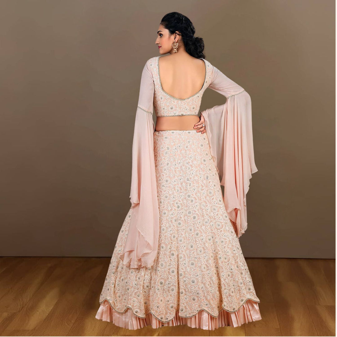 Munira Scalloped Lehenga Set | Tulle Dupatta| Stylish | Enchanting Design | Peach