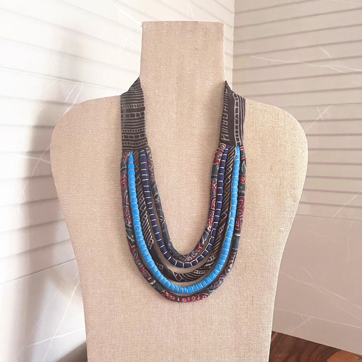 Layered Blue Necklace | Ajrakh and Silk | Smart Boho Look | Women | Stylish