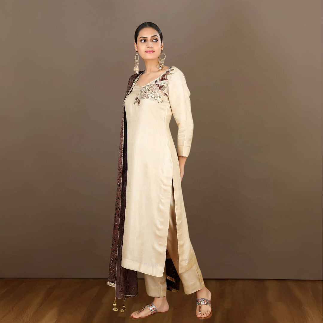 Karthika Tussar Kurta Pant | Hand-Crafted | Elegant | Glamorous Appeal | Beige & Wine