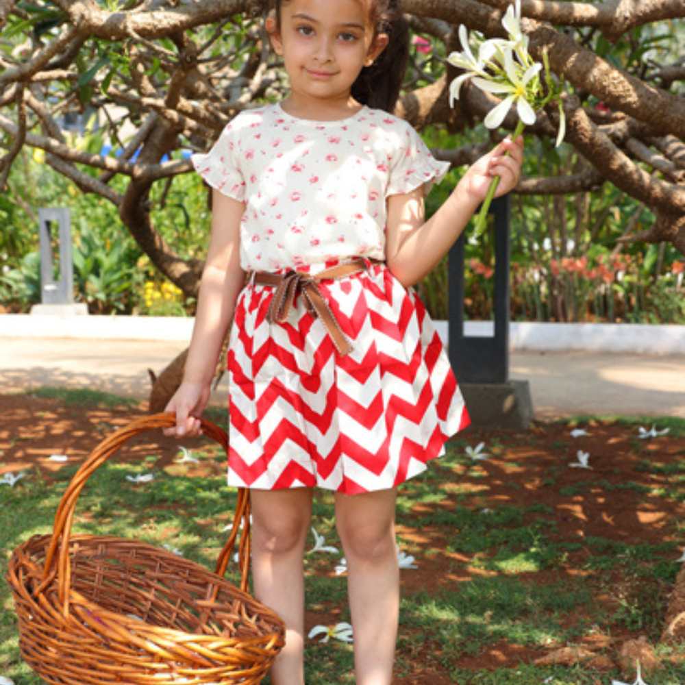 Mod Chevron Skirt Set For Girls | Occasion Wear | Cotton | Off White And Red