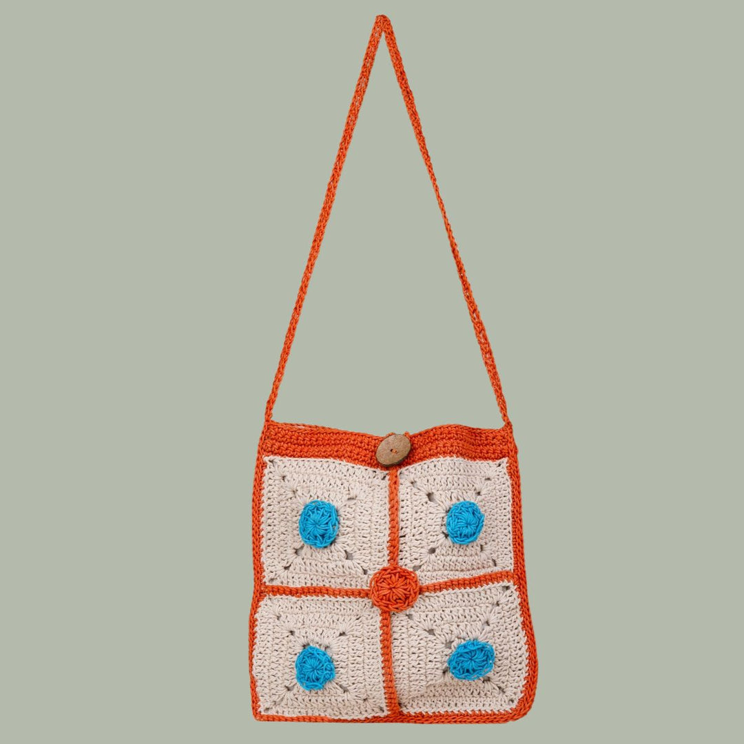 Rectangular Crossbody Bag | Hand-Crochet | Cotton Yarn | Off White & Orange