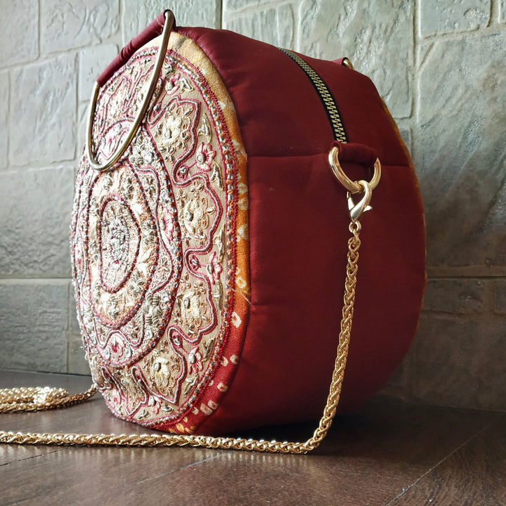 Maroon Circular Sling Bag |  Bandhani Glam | Stylish and Functional