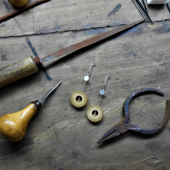 Rhea One Dot Earrings | Hand- Crafted | 92.5 Silver & Gold Plated Recycled Brass & Bamboo