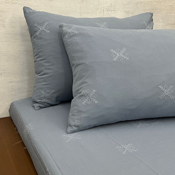 Light Grey Cross Butti Embroidered Double Bedsheet Set | 90 x 108 Inch