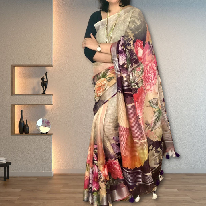 Ivory & Violet Floral Linen Saree | Refreshing and Vibrant | Striking Stylish