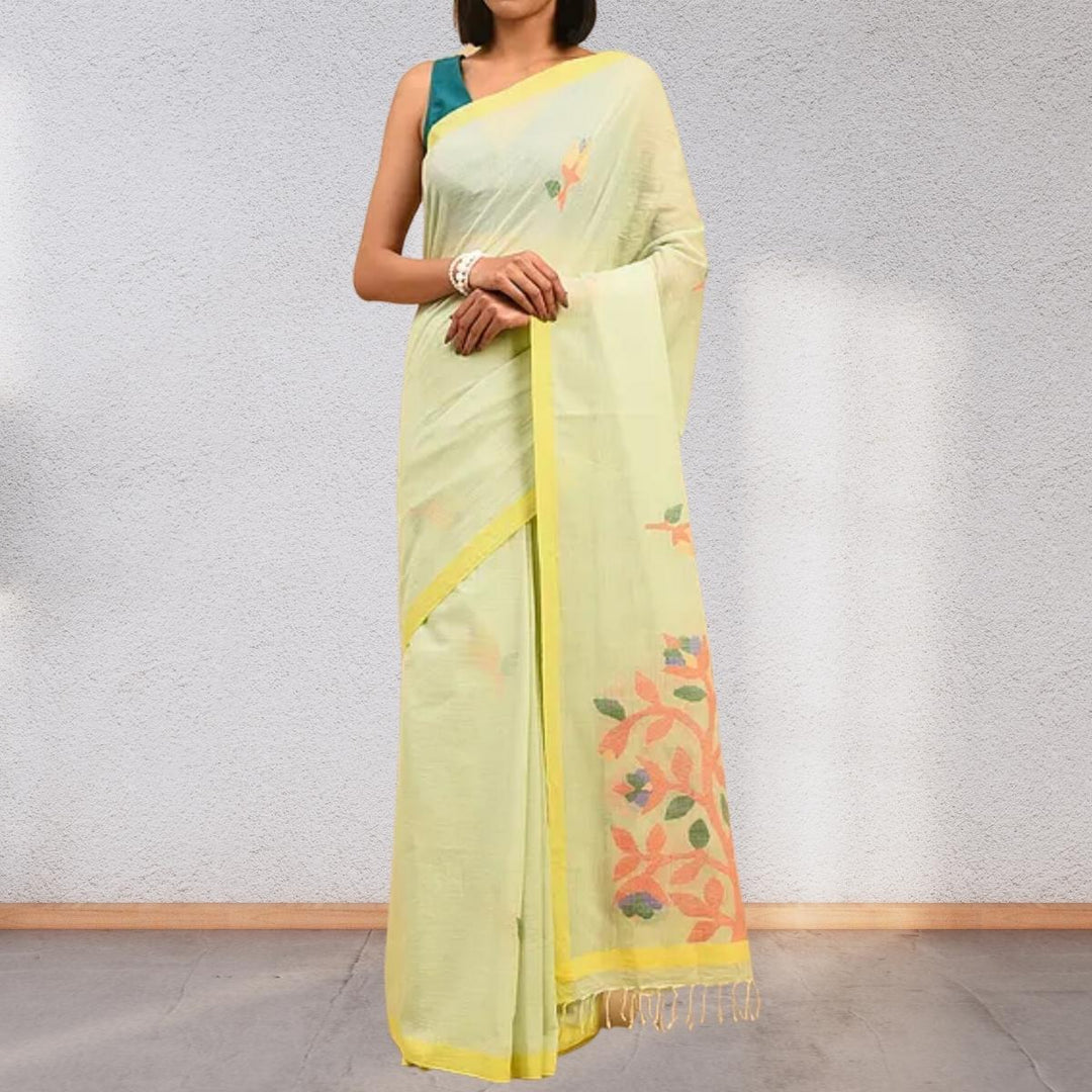 Pastel Green Handcrafted Cotton Mul Mul Saree | Floral Motif Jamdani | Graceful