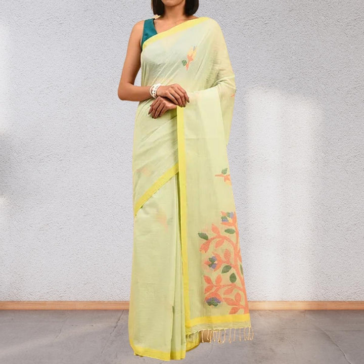 Pastel Green Handcrafted Cotton Mul Mul Saree | Floral Motif Jamdani | Graceful