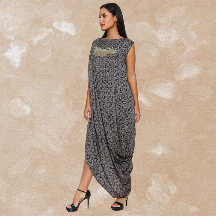 Syahi Cowl Dress | Hand-Block Print | Sujani Embroidery | Black