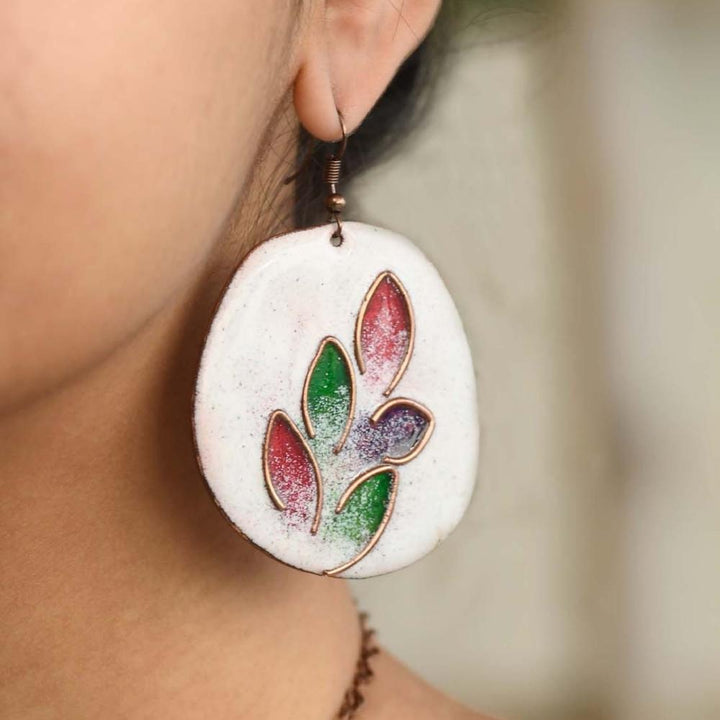 Leaflet Unique Copper Enamel Dangler Earring | Hand-crafted | White