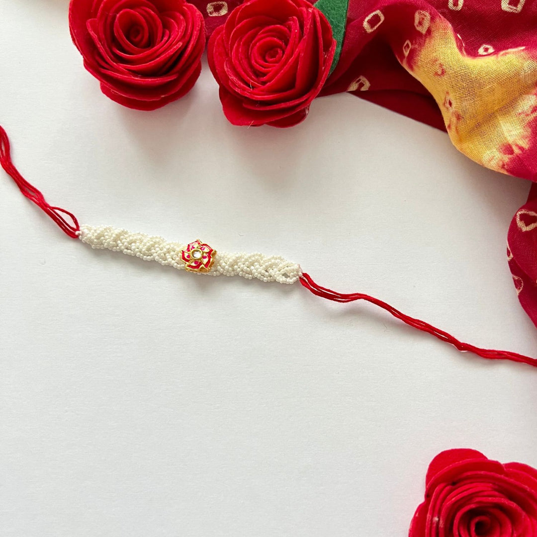 Abeer Meenakari Rakhi | Pearl Hand-Crafted | Pristine White and Red