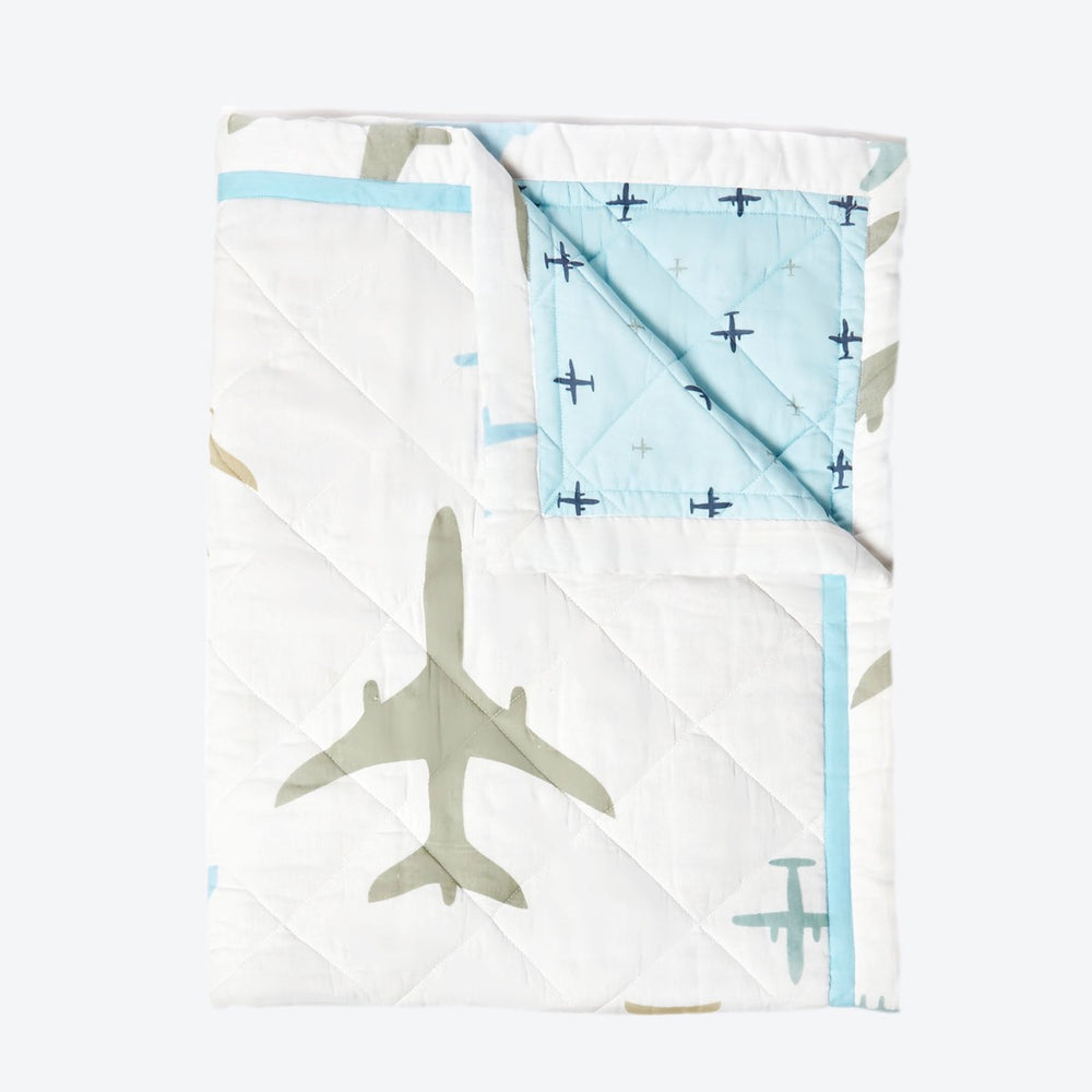 Aeroplane Prined Blue Soft Quilt Blanket For Babies  | Cotton | 42 x 42 Inches