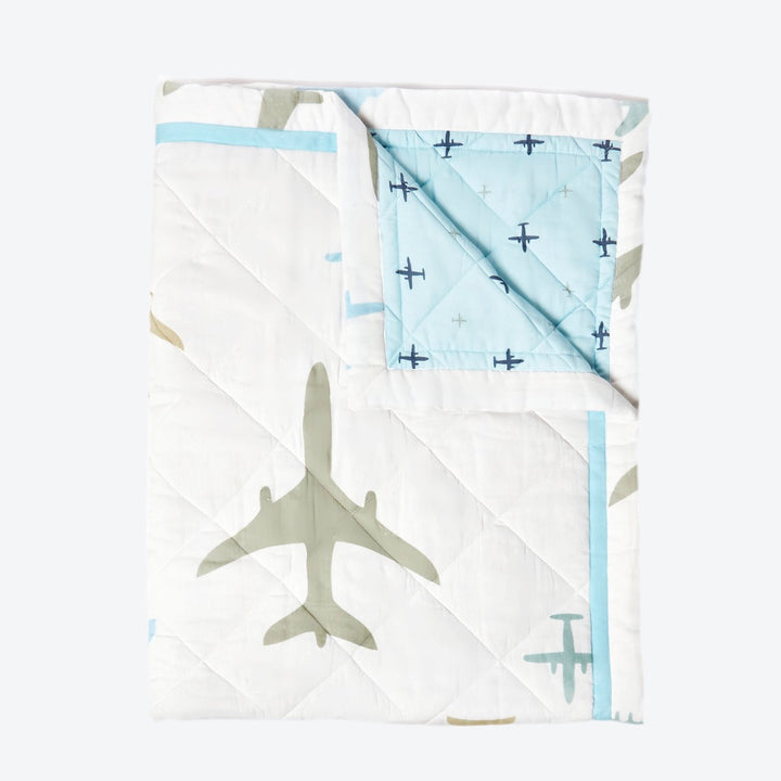 Aeroplane Prined Blue Soft Quilt Blanket For Babies  | Cotton | 42 x 42 Inches