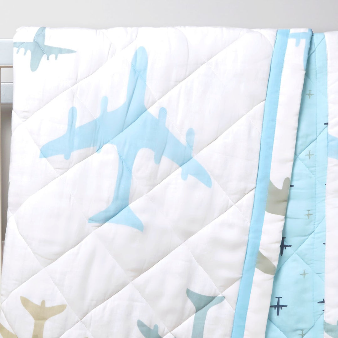 Aeroplane Prined Blue Soft Quilt Blanket For Babies  | Cotton | 42 x 42 Inches