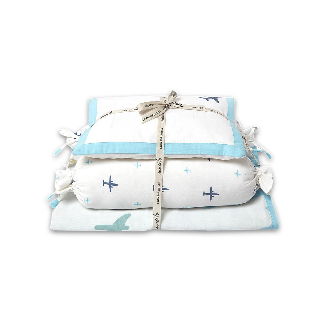 Aeroplane Print Blue Mini Cot Dohar Bedding Set For Babies | Cotton | Set Of 4